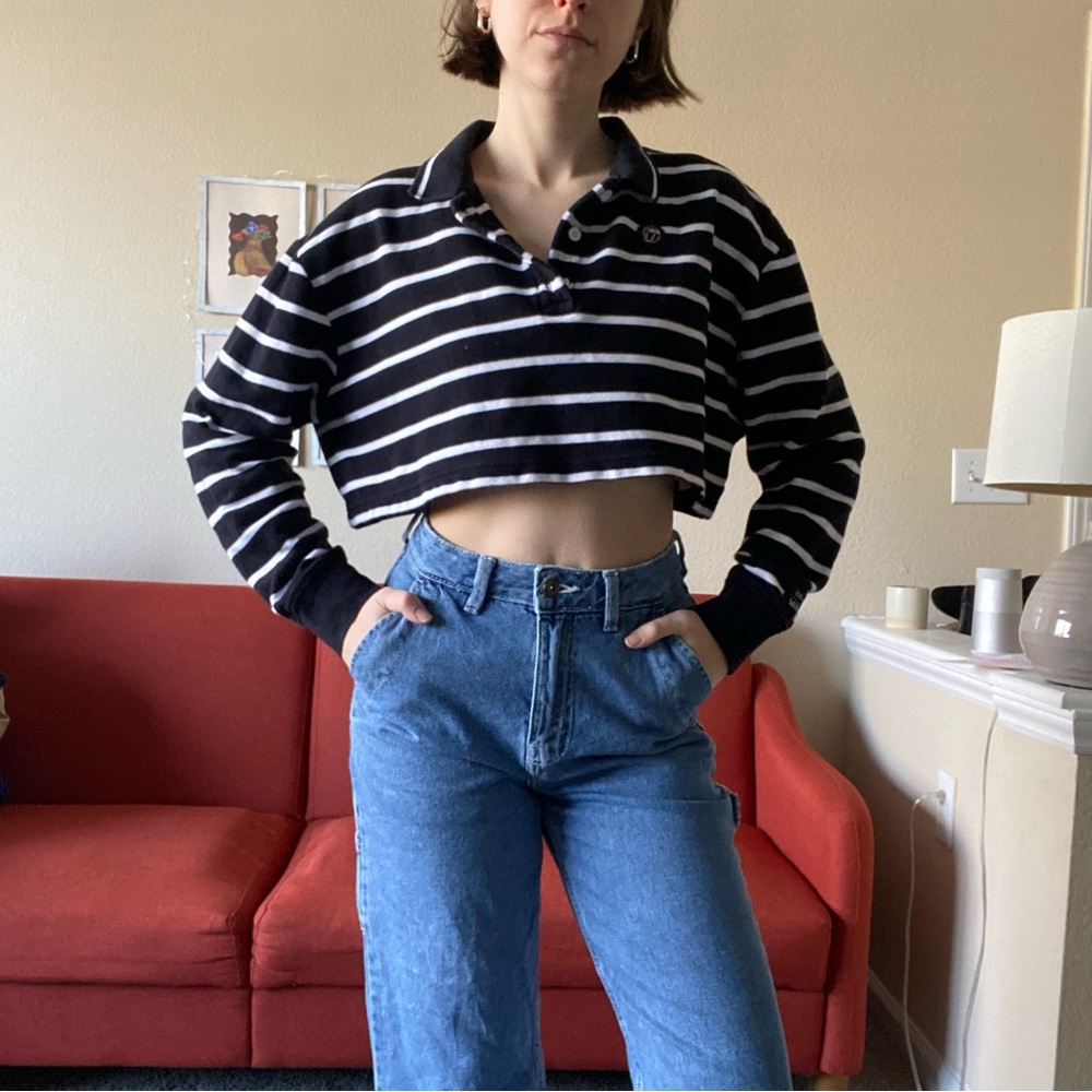 Vans x Disney villains collab black and white striped cropped long sleeve polo
